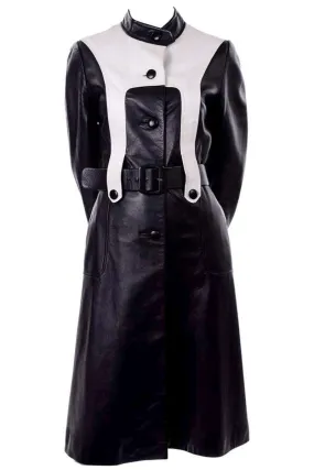 1970s Mod Black & White Leather Vintage Coat w/ Belt 4/6