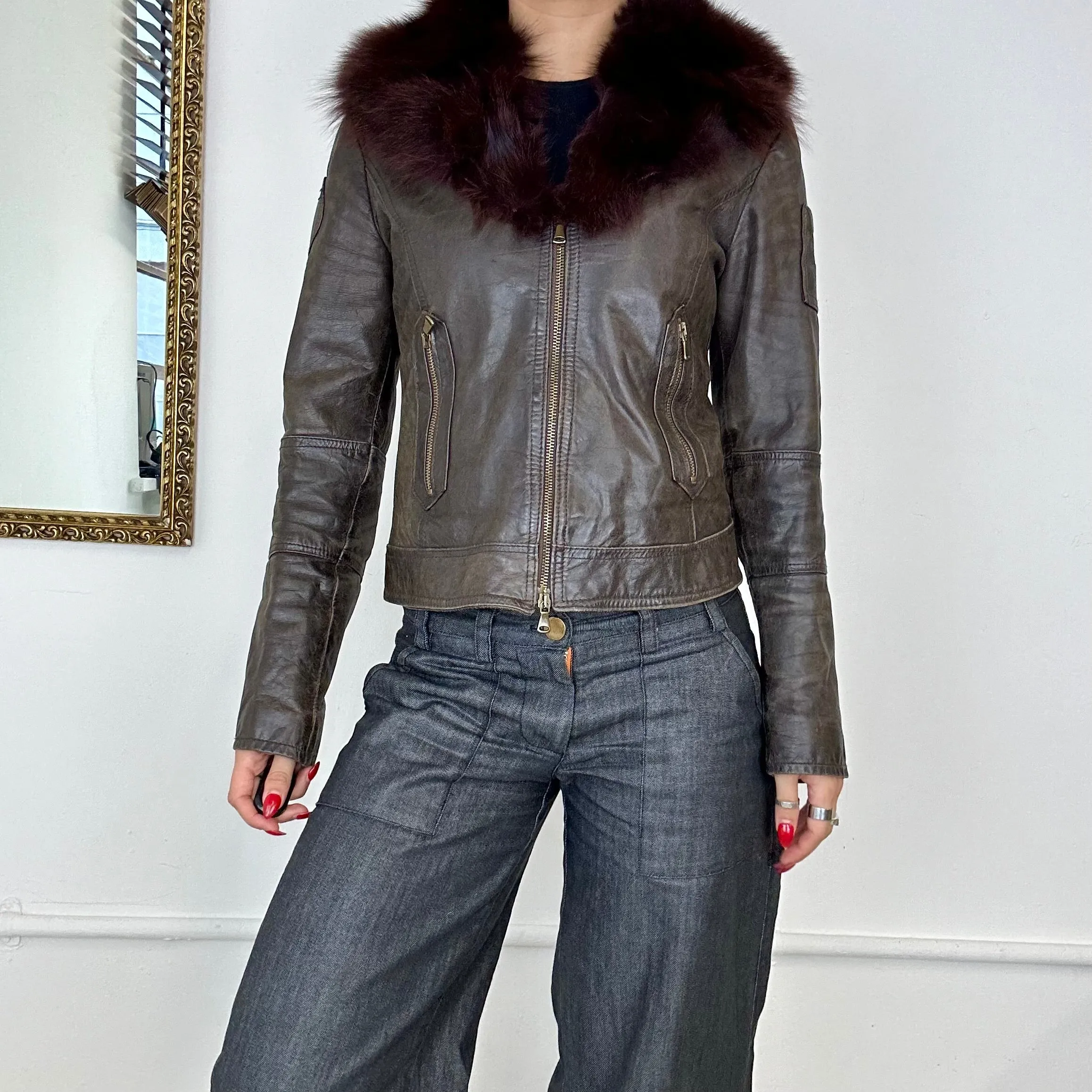 2000’s italian leather jacket with fur collar