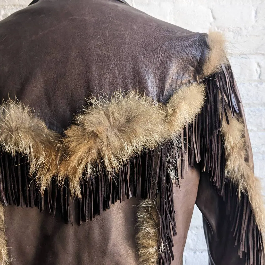 60s 70s Vintage Leather Coyote Fur Fringe Jacket Genuine Cowboy Western Coat