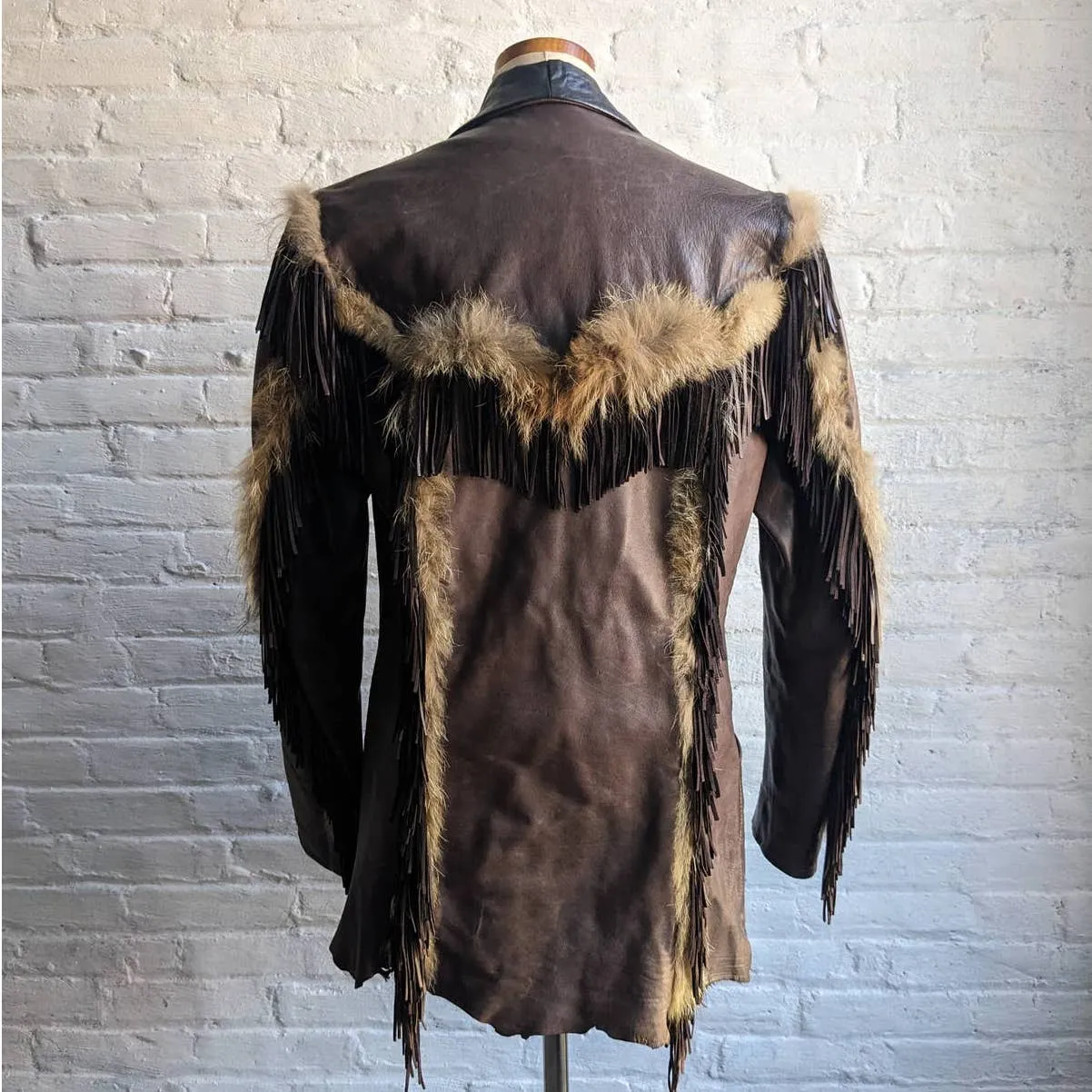 60s 70s Vintage Leather Coyote Fur Fringe Jacket Genuine Cowboy Western Coat