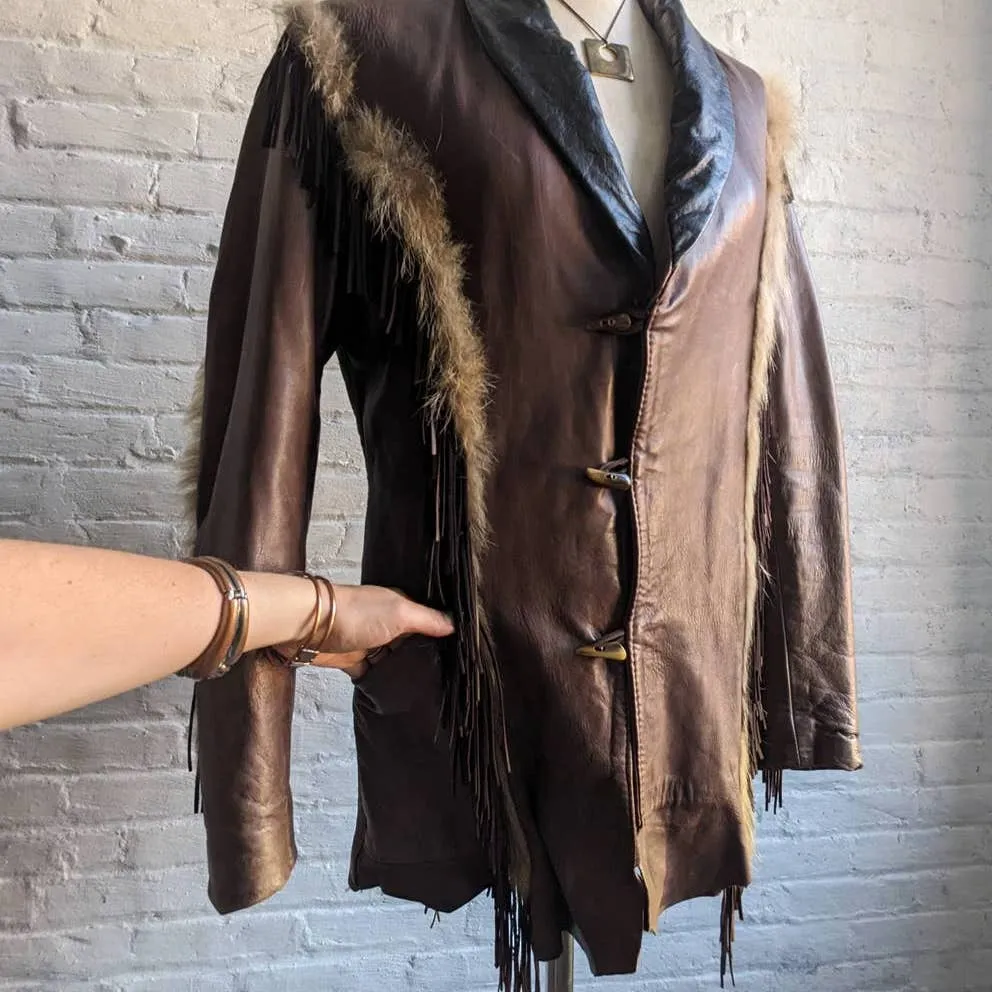 60s 70s Vintage Leather Coyote Fur Fringe Jacket Genuine Cowboy Western Coat