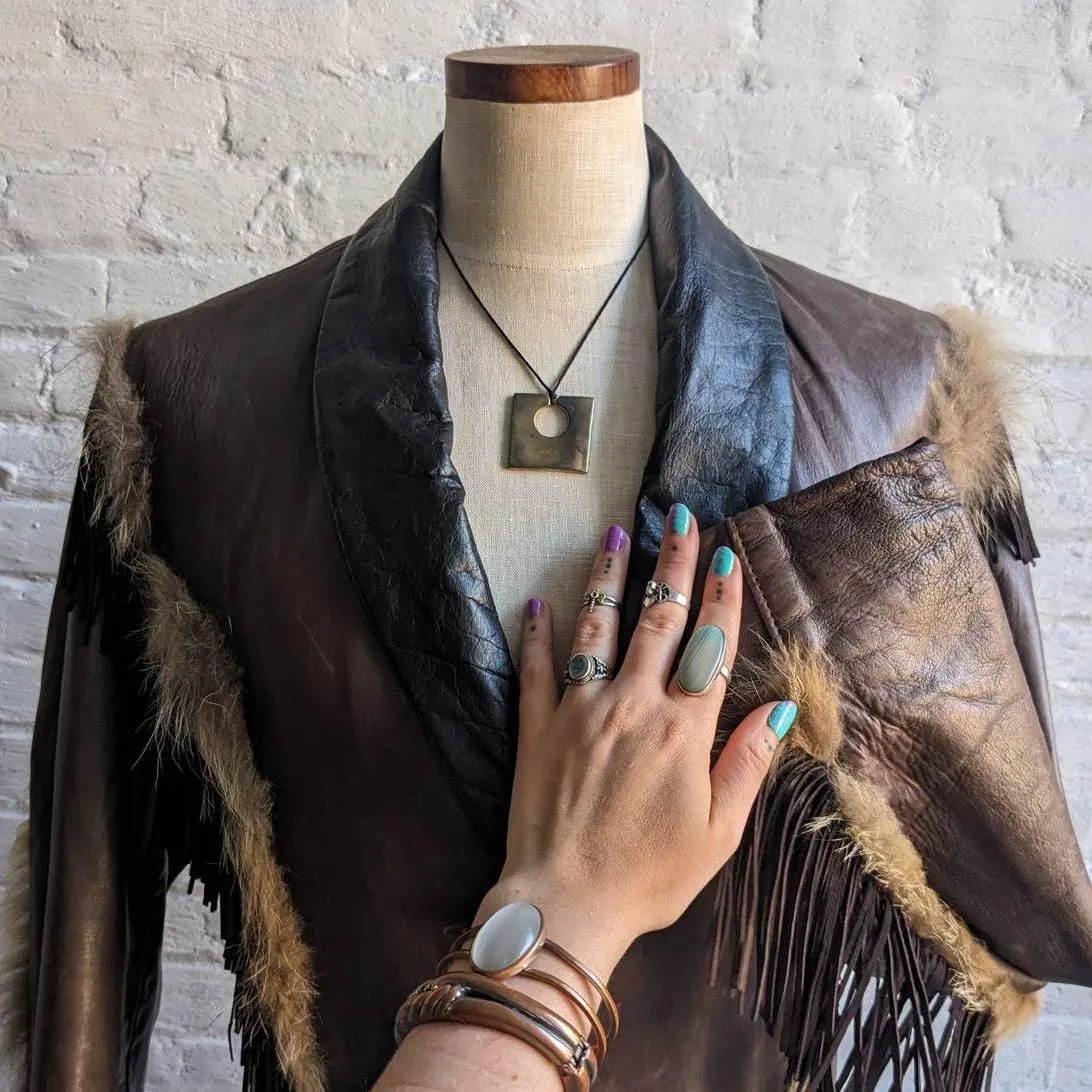 60s 70s Vintage Leather Coyote Fur Fringe Jacket Genuine Cowboy Western Coat