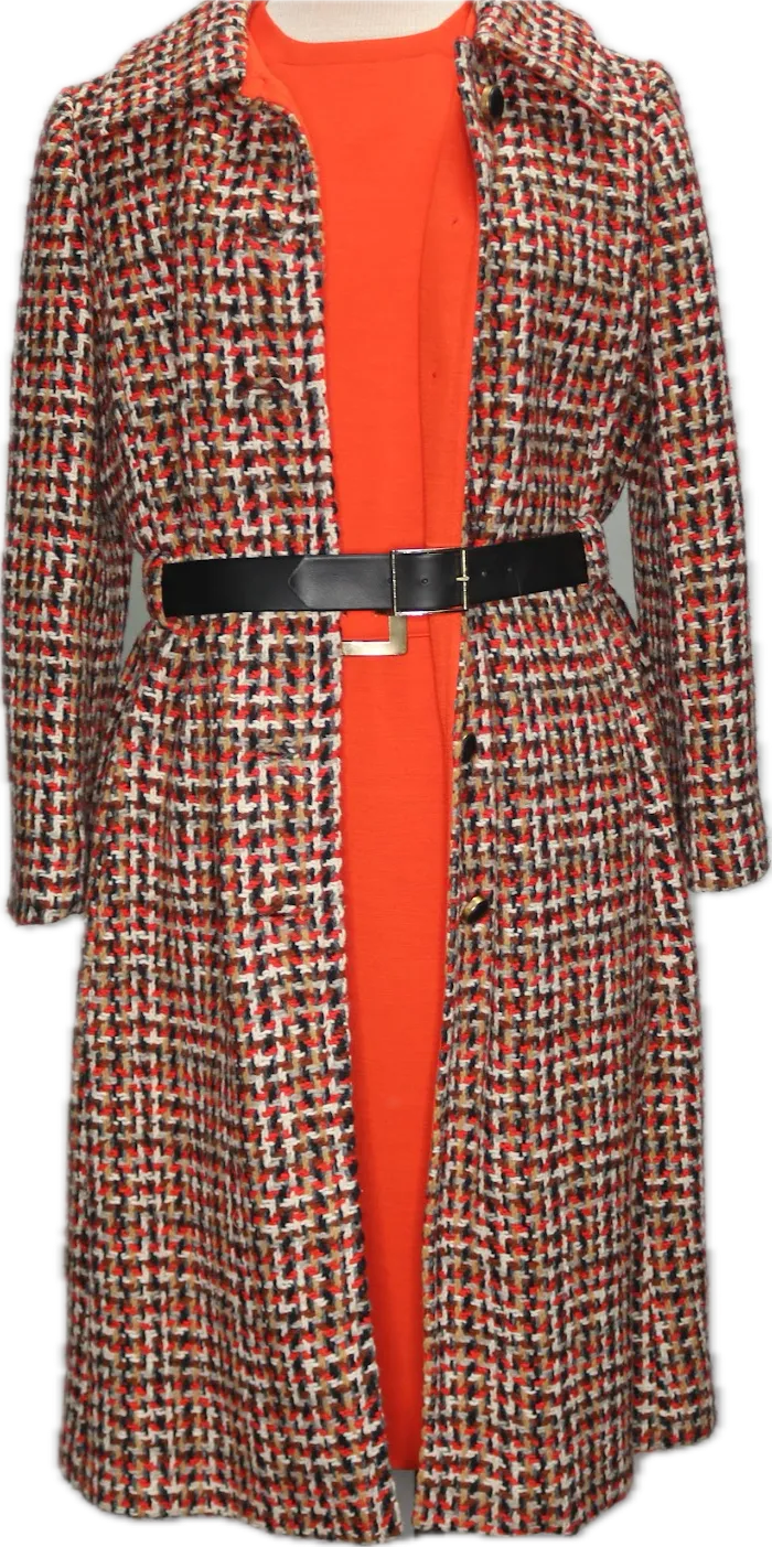 70s Stephan Casuals Orange/Blk/Tan Tweed Coat &  Dress Set   w36