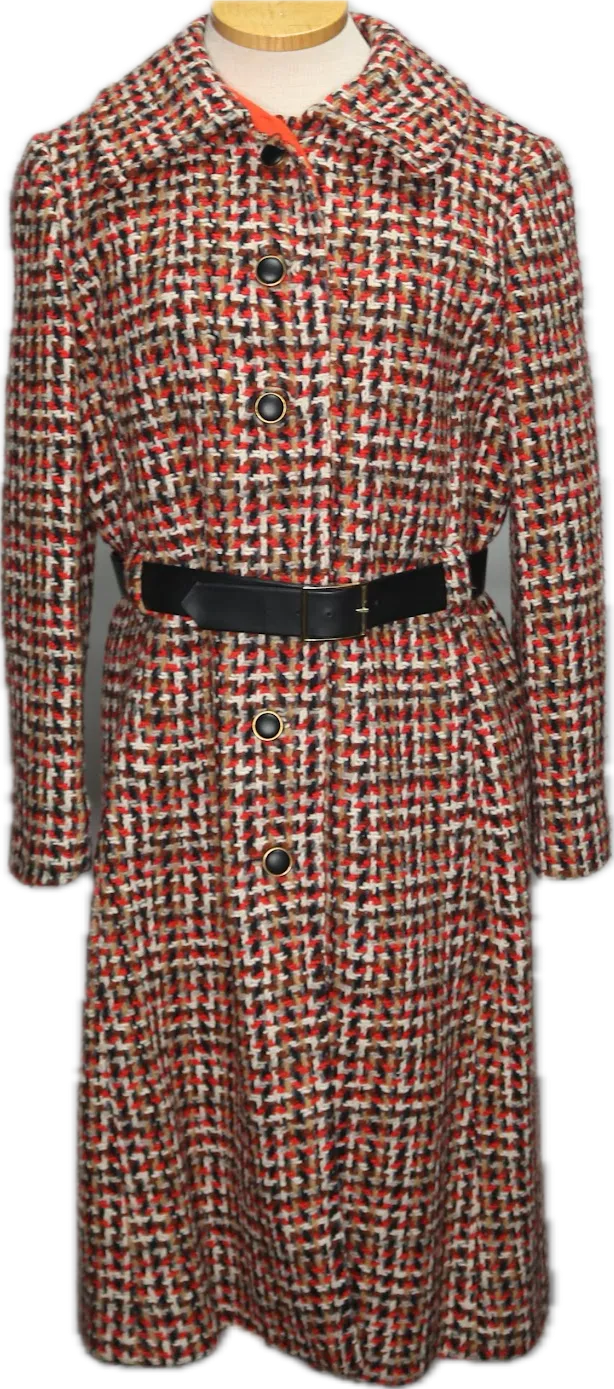 70s Stephan Casuals Orange/Blk/Tan Tweed Coat &  Dress Set   w36