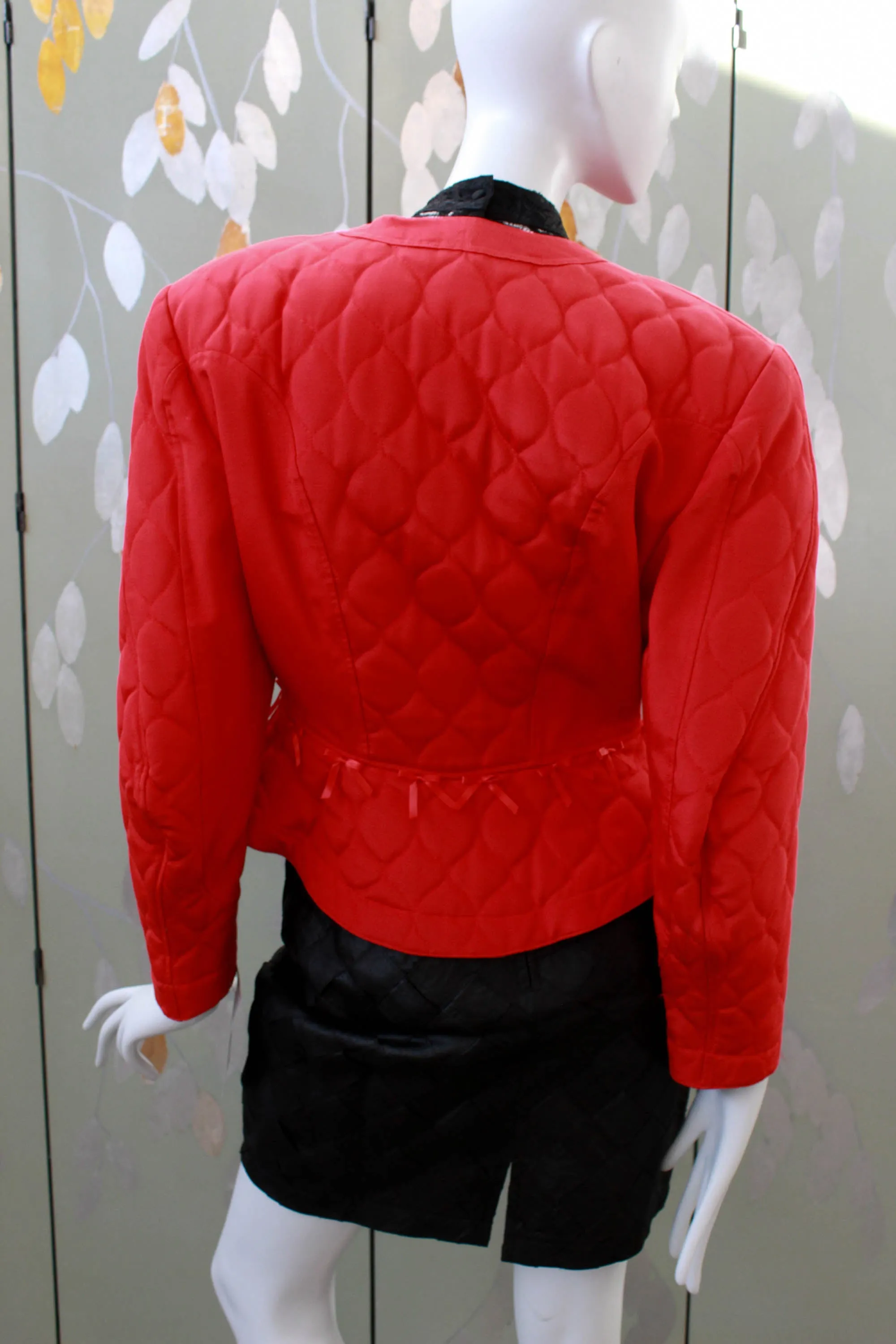 80s Red Quilted Jacket with Bows, Medium