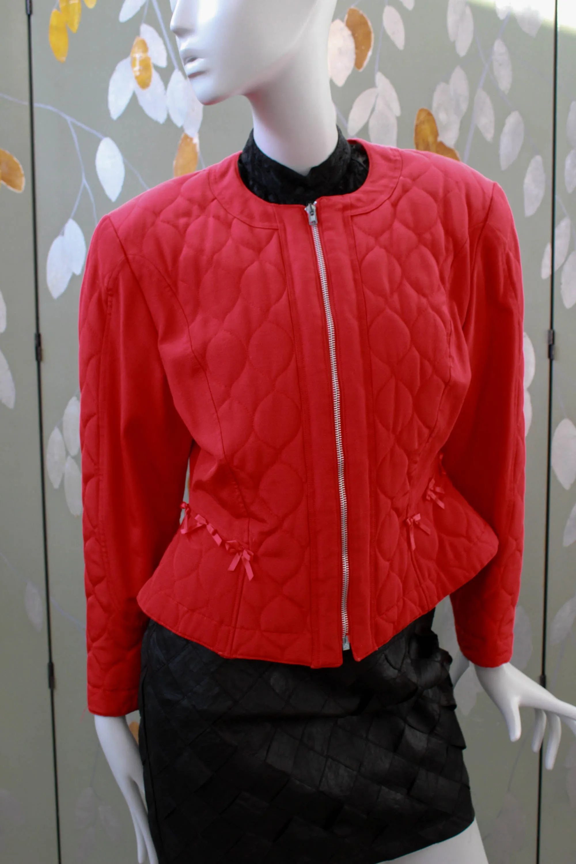 80s Red Quilted Jacket with Bows, Medium