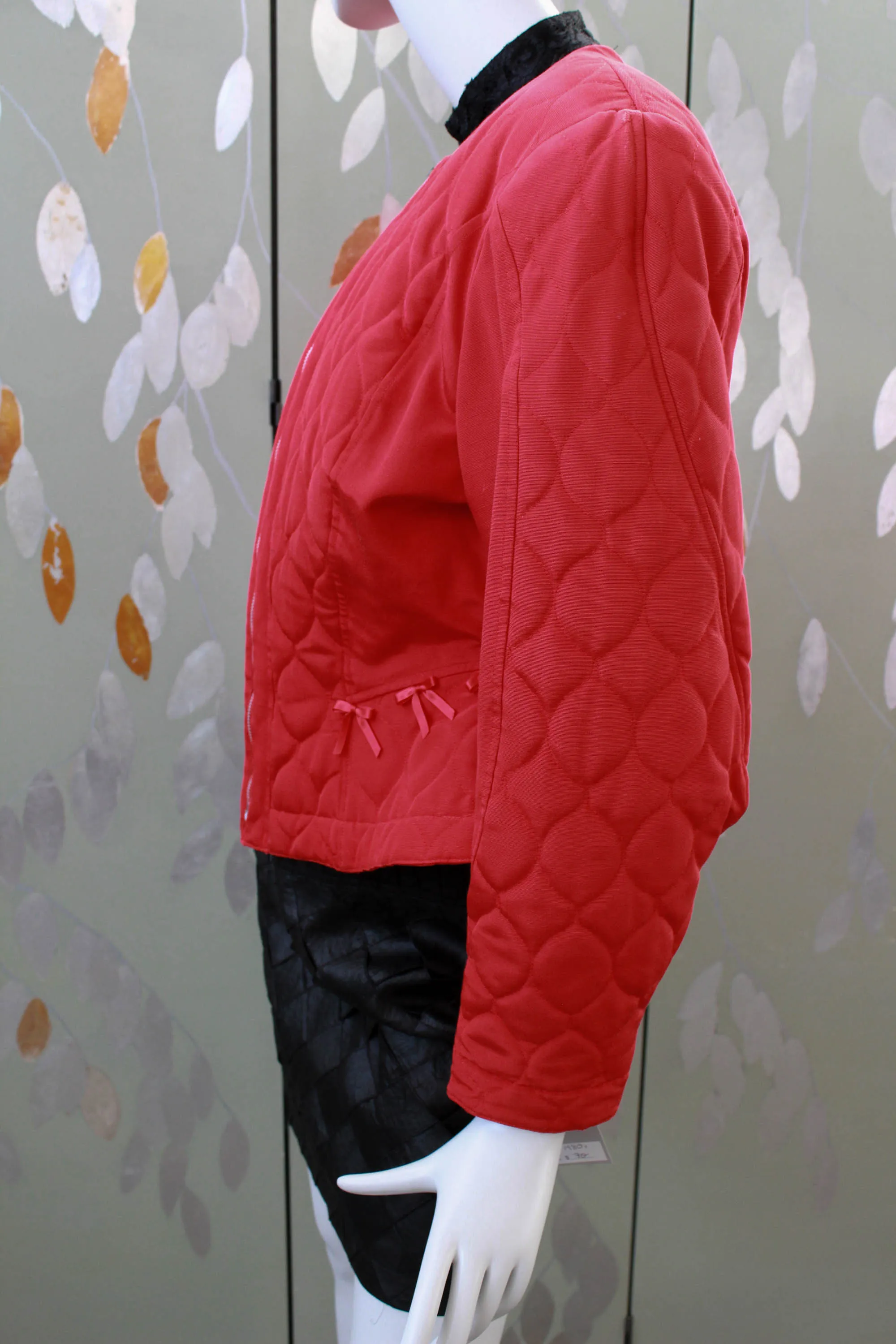 80s Red Quilted Jacket with Bows, Medium