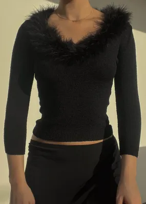 90's Black Fur Trim Top (S)