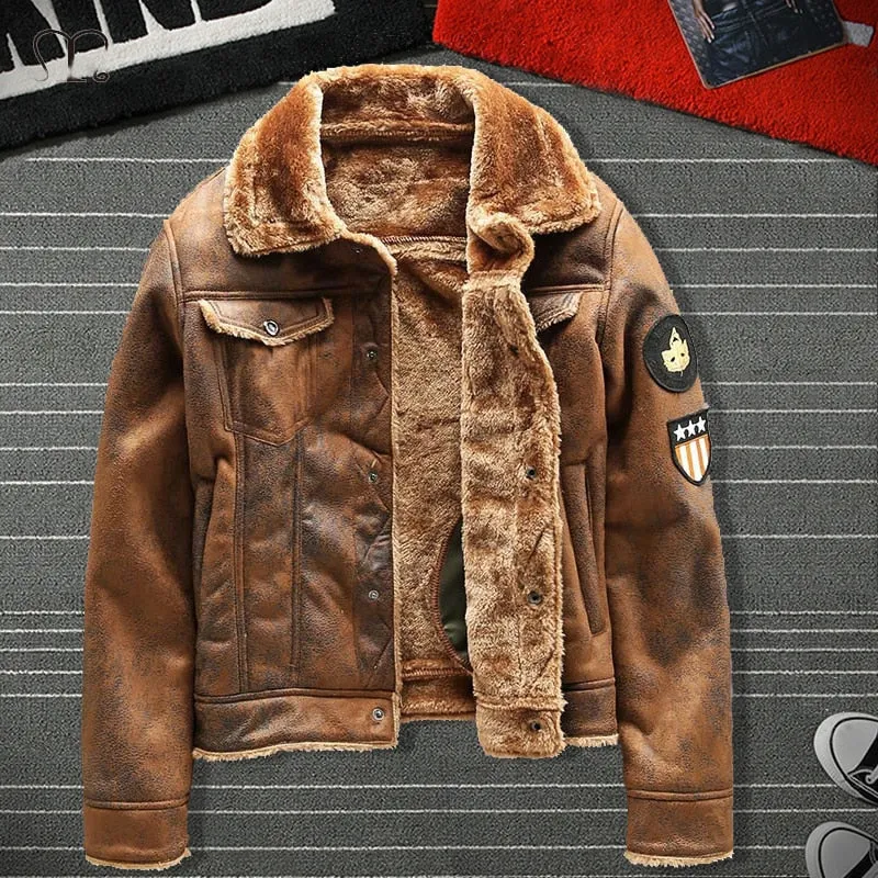 Air Force Pilot Leather Jacket Men Plus Velvet Thickened PU Leather Jacket Male Fur Coat Outwear Autumn Winter Brand Clothing