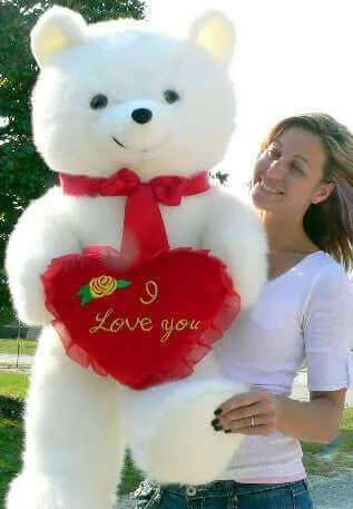 American Made Giant White Teddy Bear Holding I Love You Heart Pillow