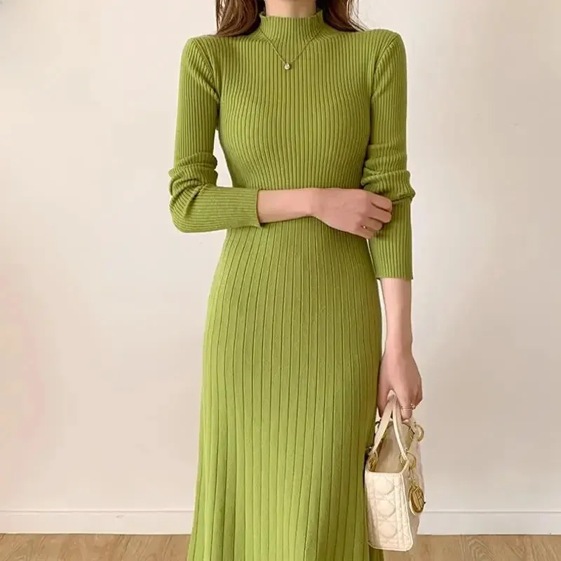 Amozae-2024 Autumn/winter Medium-length Sweater Dress Women's A- line Knit Dress Polo/turtle Neck Inner Wear