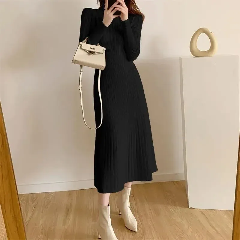 Amozae-2024 Autumn/winter Medium-length Sweater Dress Women's A- line Knit Dress Polo/turtle Neck Inner Wear