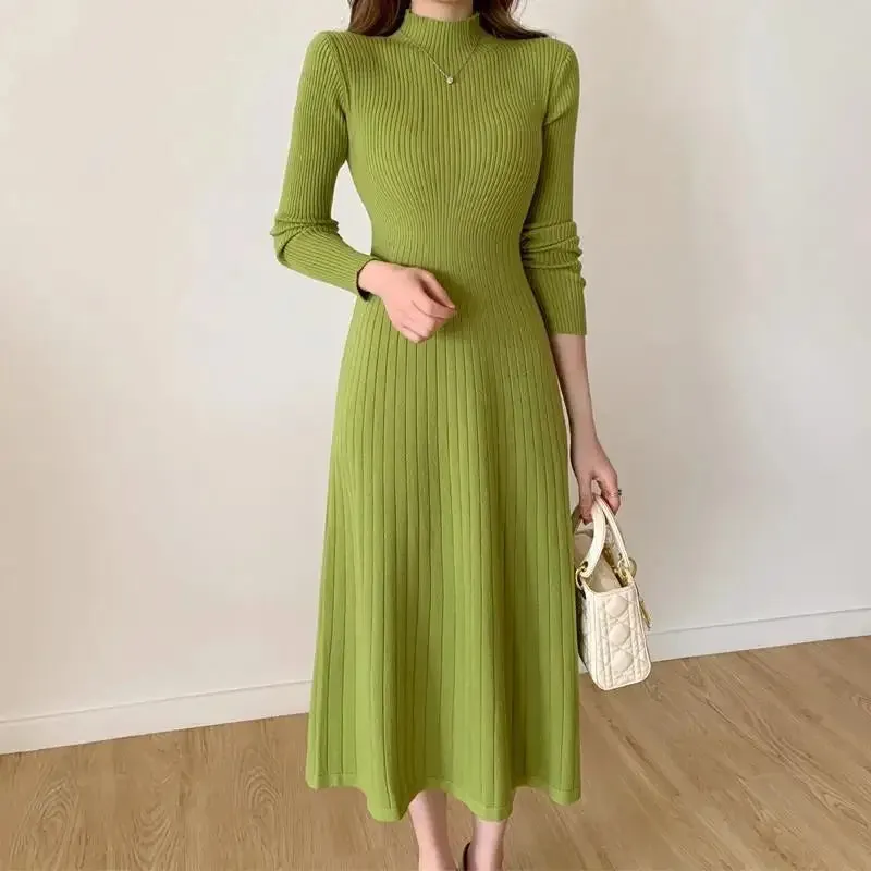 Amozae-2024 Autumn/winter Medium-length Sweater Dress Women's A- line Knit Dress Polo/turtle Neck Inner Wear