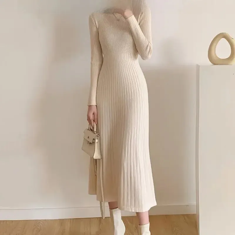 Amozae-2024 Autumn/winter Medium-length Sweater Dress Women's A- line Knit Dress Polo/turtle Neck Inner Wear