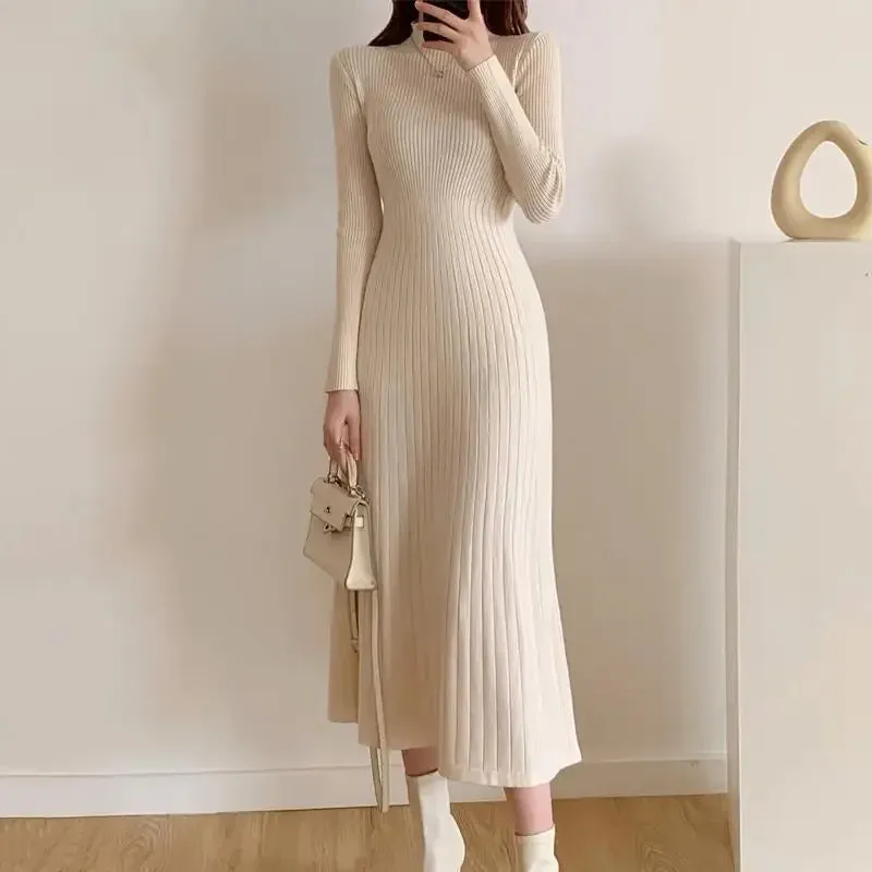 Amozae-2024 Autumn/winter Medium-length Sweater Dress Women's A- line Knit Dress Polo/turtle Neck Inner Wear