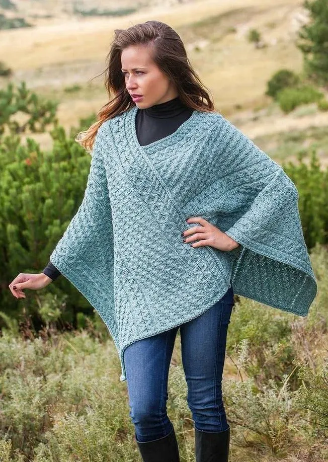 Aran Merino Wool V Poncho | Aqua