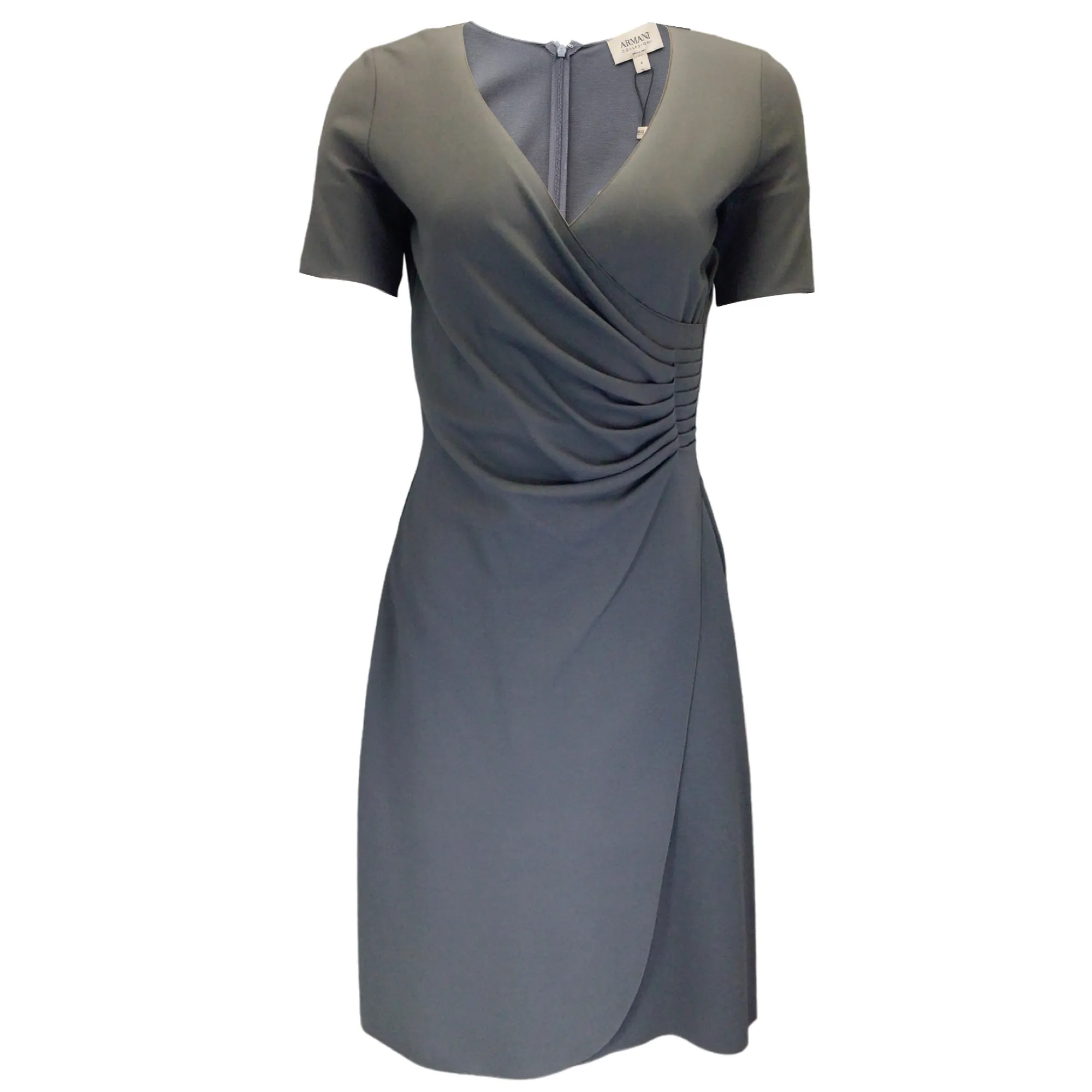 Armani Collezioni Charcoal Grey Short Sleeved V-Neck Stretch Knit Midi Dress