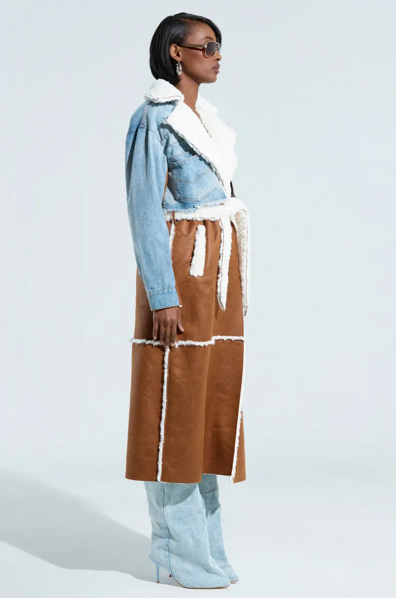 AZALEA WANG AMINA SHEARLING TRENCH WITH DENIM CROP