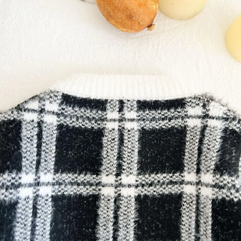 Baby Autumn Baby Classic Black and White Check Knit Cardigan Jacket Cotton Sweater Wholesale