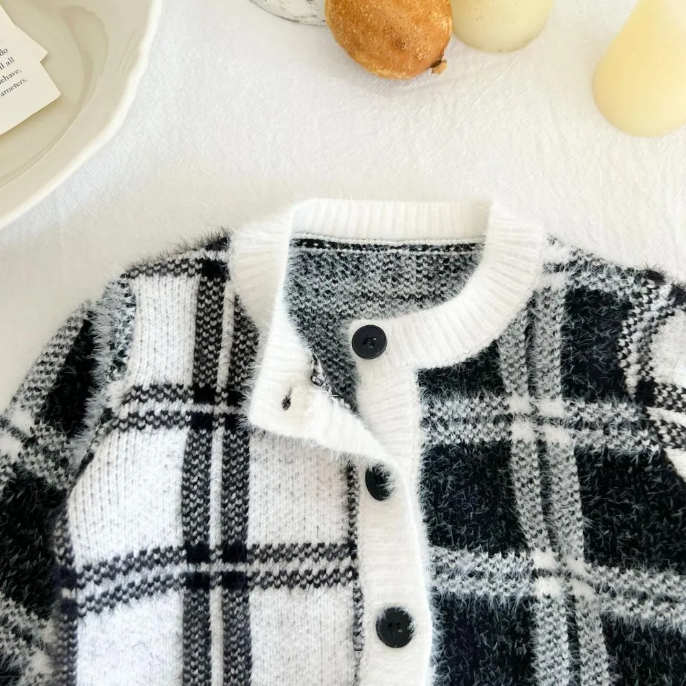 Baby Autumn Baby Classic Black and White Check Knit Cardigan Jacket Cotton Sweater Wholesale