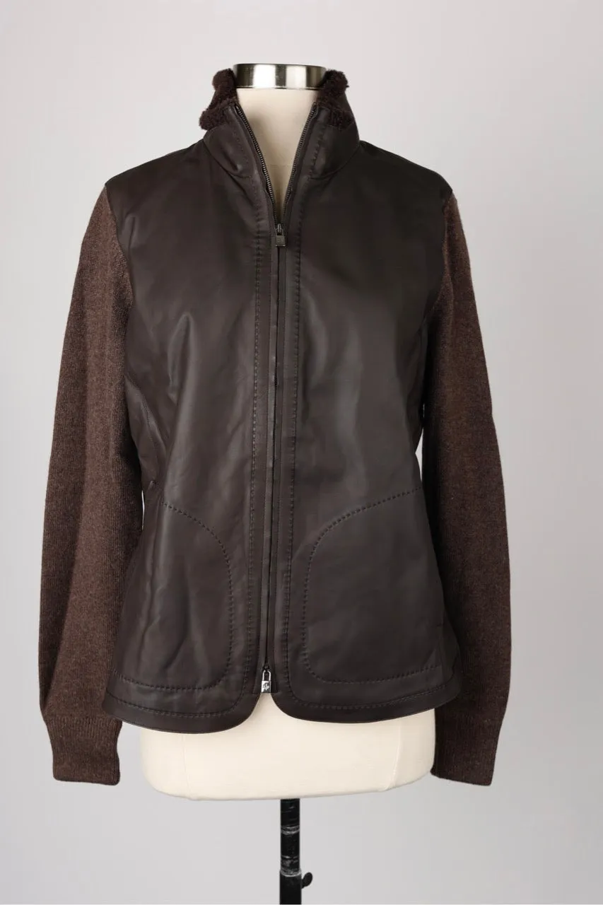 Baby Cashmere / Leather Shearling Collar Sweater Jacket