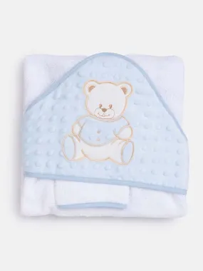 Baby Hooded Teddy Towel Set with Wash Cloth - White & Blue