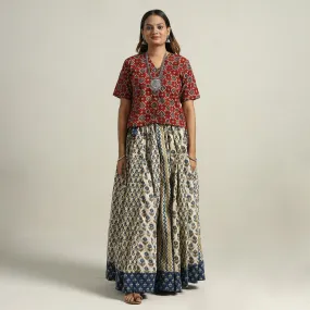 Beige - Ajrakh Block Printed 24 Kali Patchwork Cotton Long Skirt 47