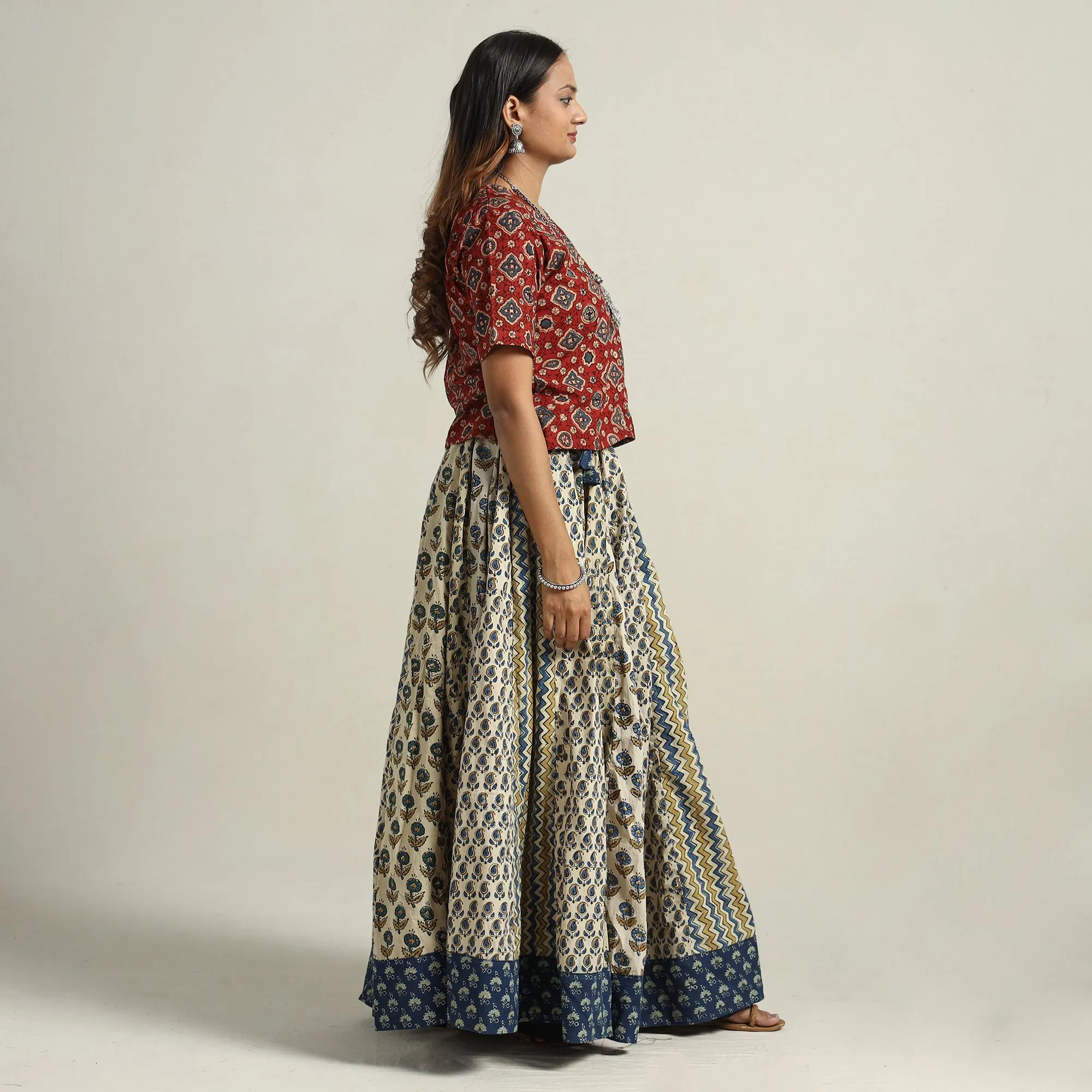 Beige - Ajrakh Block Printed 24 Kali Patchwork Cotton Long Skirt 70