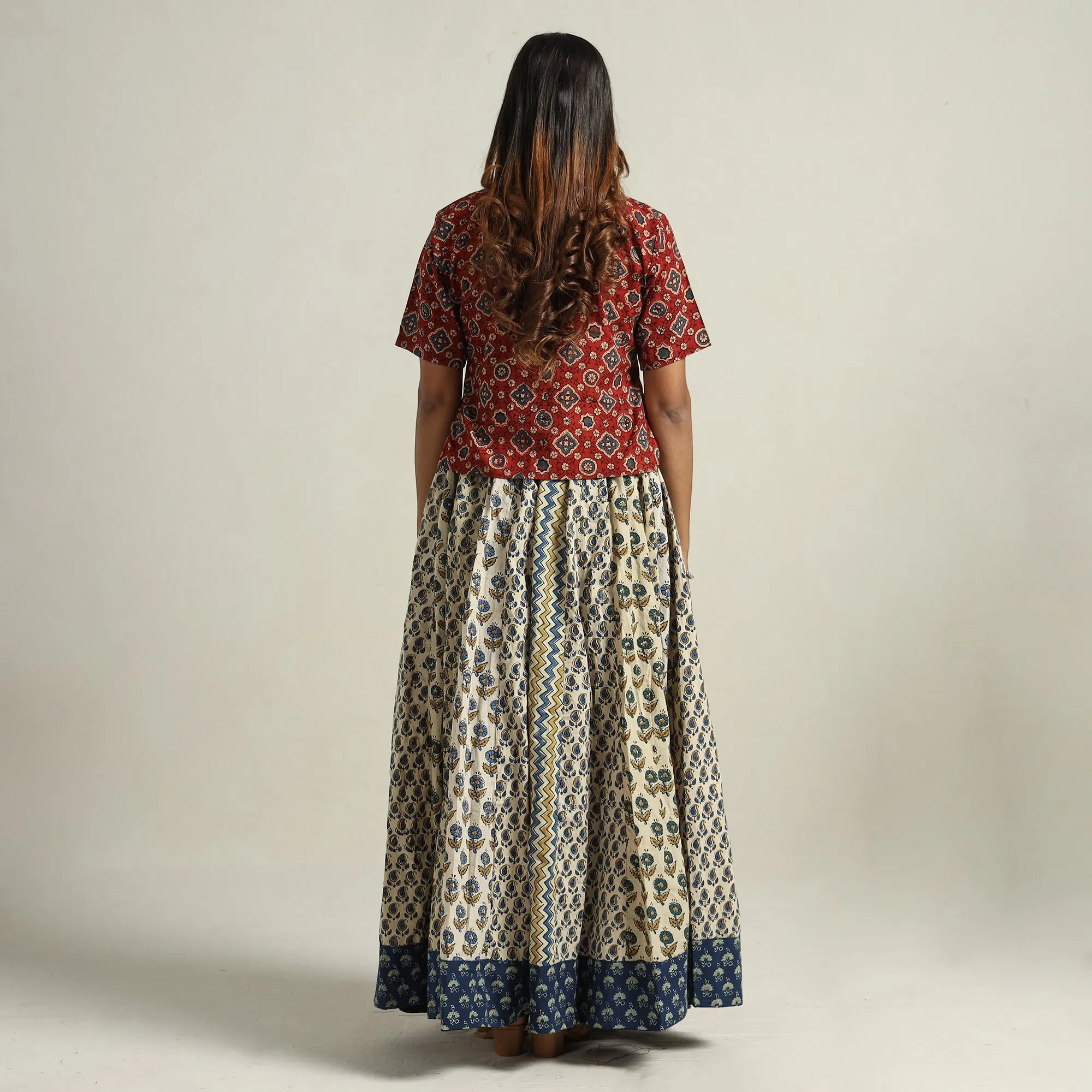 Beige - Ajrakh Block Printed 24 Kali Patchwork Cotton Long Skirt 70