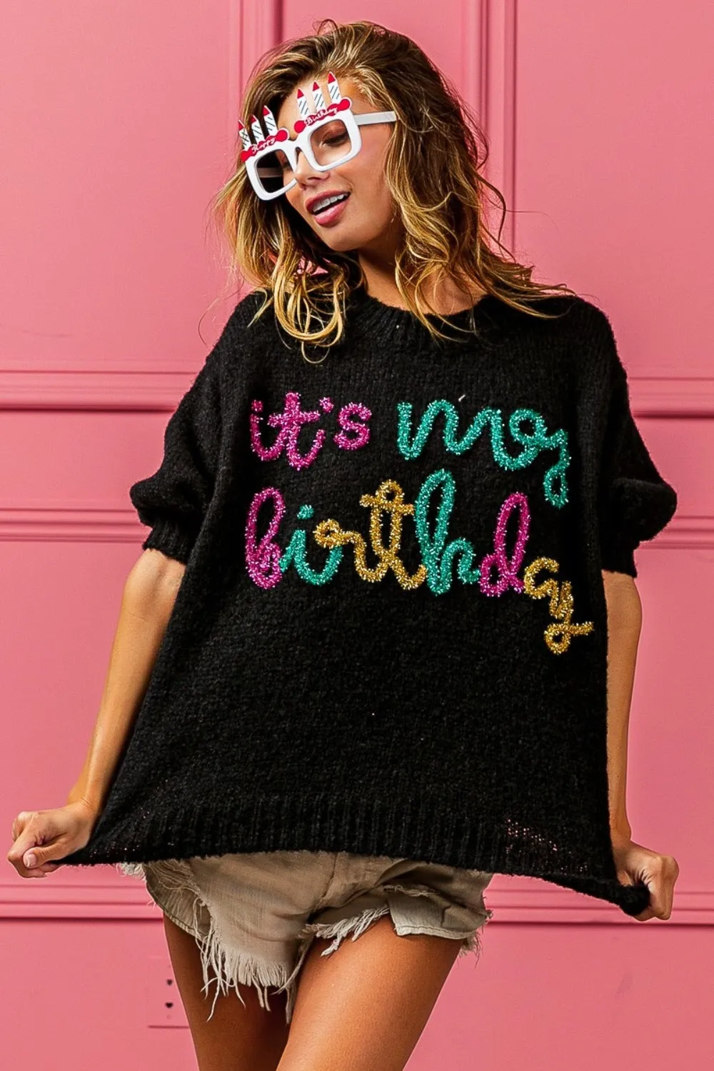 Birthday Party Metallic Letter Puff Sleeve Hairy Sweater