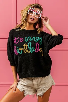 Birthday Party Metallic Letter Puff Sleeve Hairy Sweater