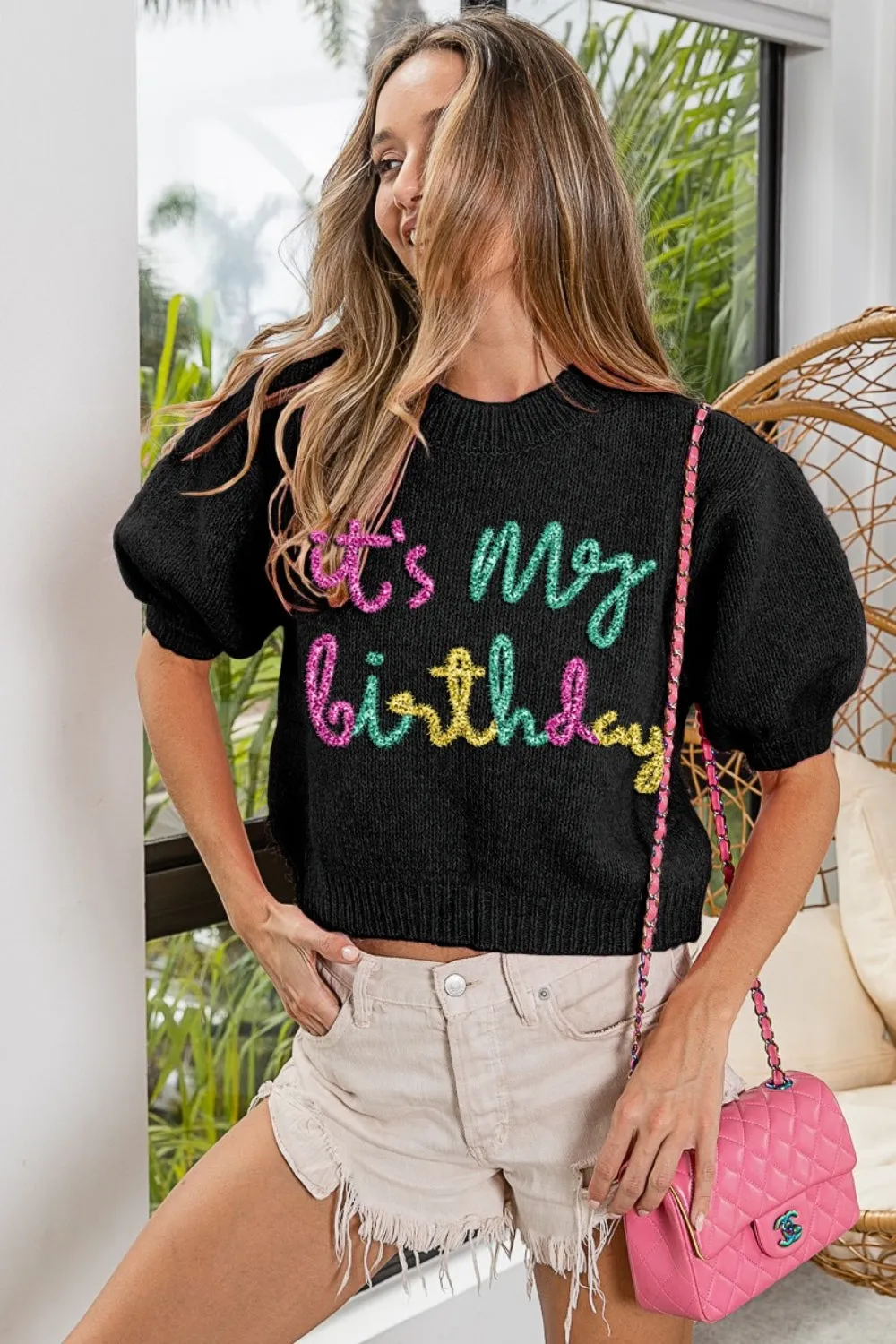 Birthday Party Metallic Letter Puff Sleeve Hairy Sweater