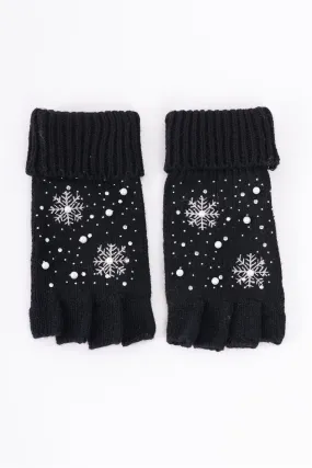 Black Fingerless Snowflakes Pearl Rhinestone Winter Gloves /3 Pieces