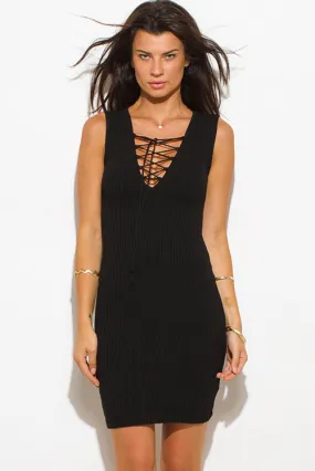 BLACK RIBBED KNIT LACEUP SLEEVELESS SEXY SWEATER MINI DRESS