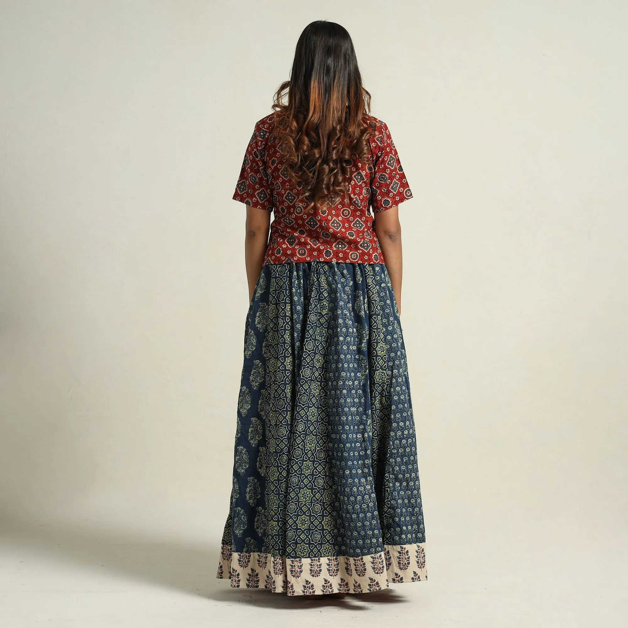 Blue - Ajrakh Block Printed 24 Kali Patchwork Cotton Long Skirt 01