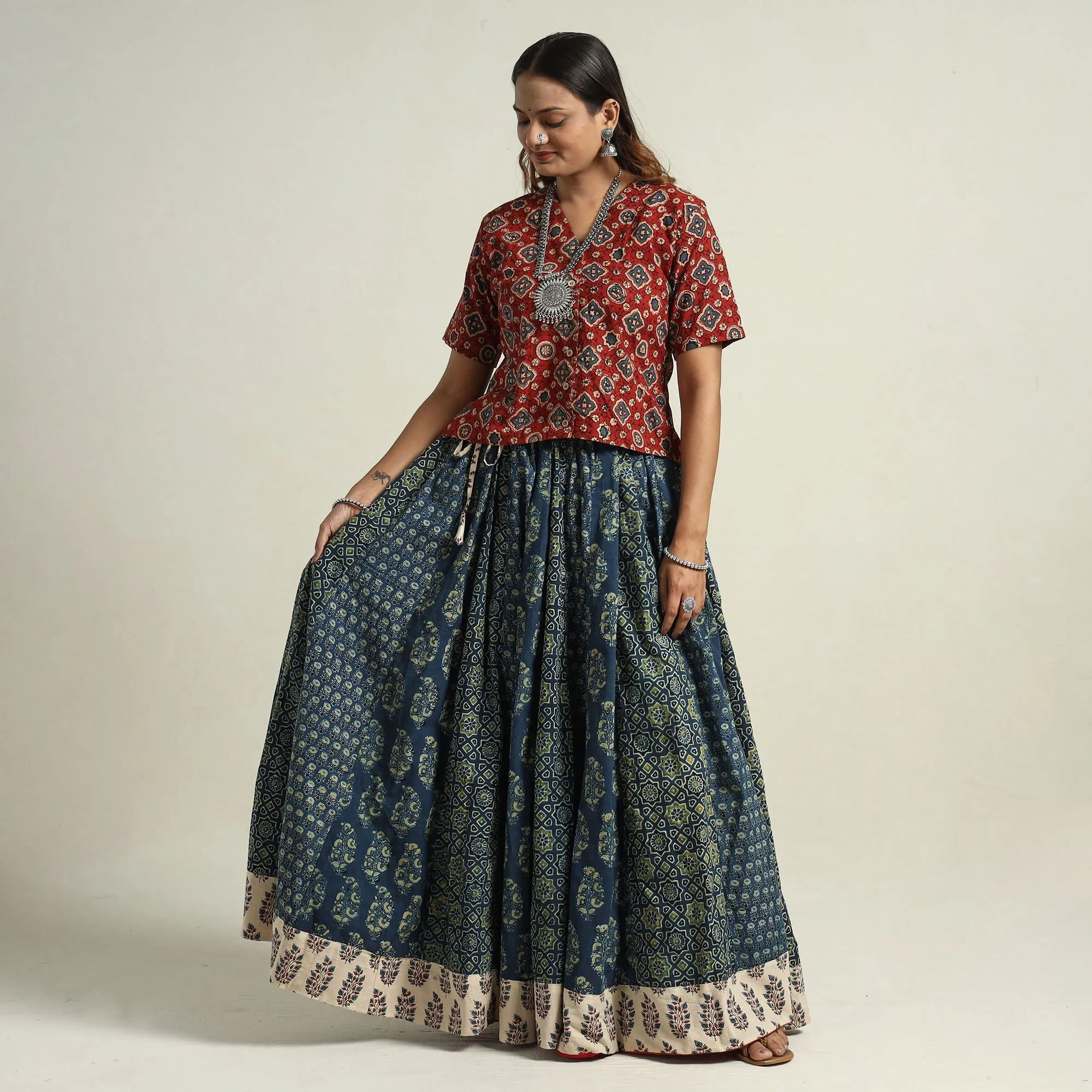 Blue - Ajrakh Block Printed 24 Kali Patchwork Cotton Long Skirt 01