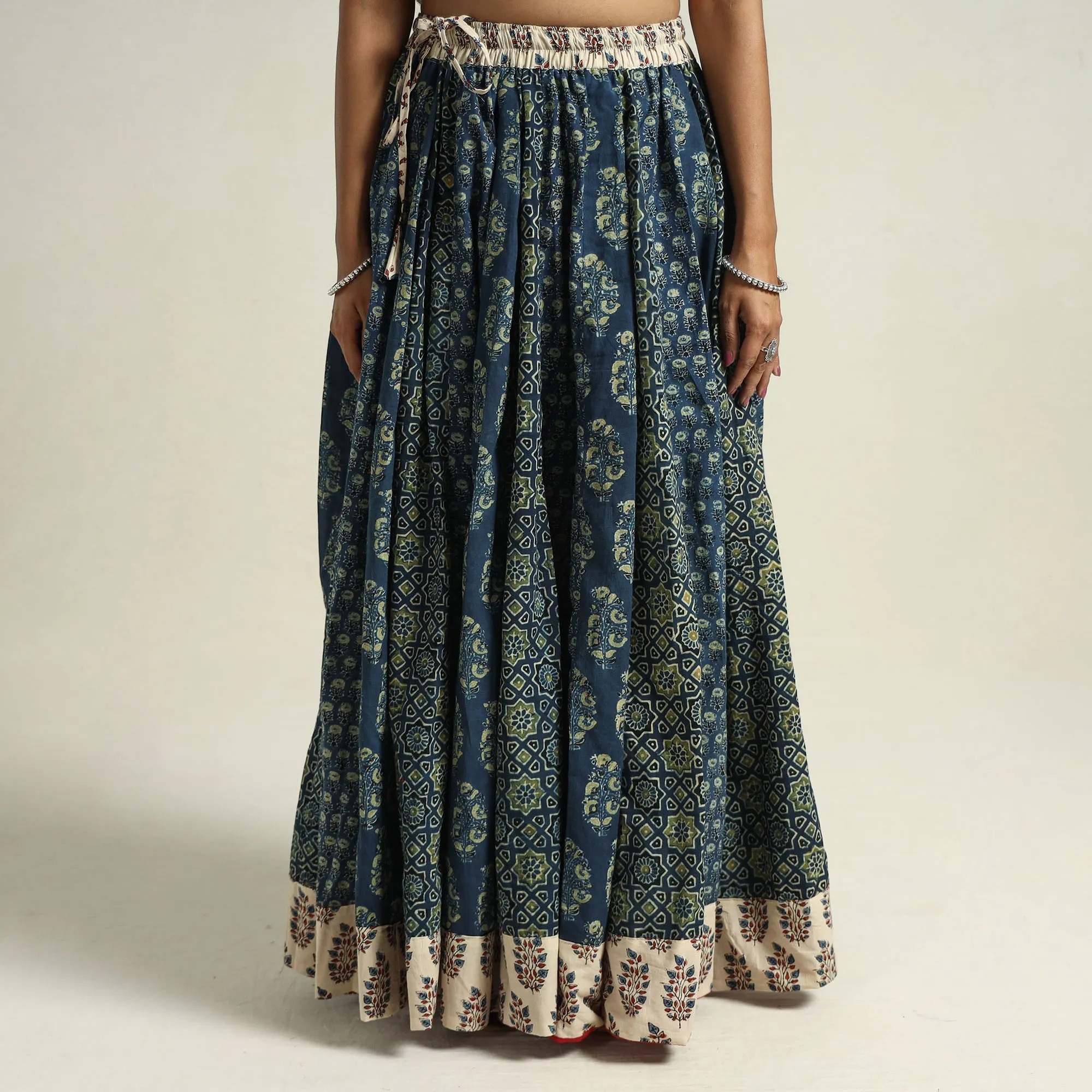 Blue - Ajrakh Block Printed 24 Kali Patchwork Cotton Long Skirt 01