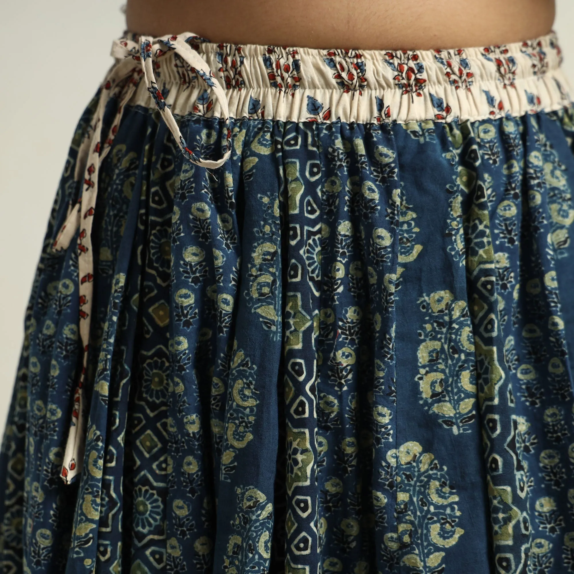 Blue - Ajrakh Block Printed 24 Kali Patchwork Cotton Long Skirt 01