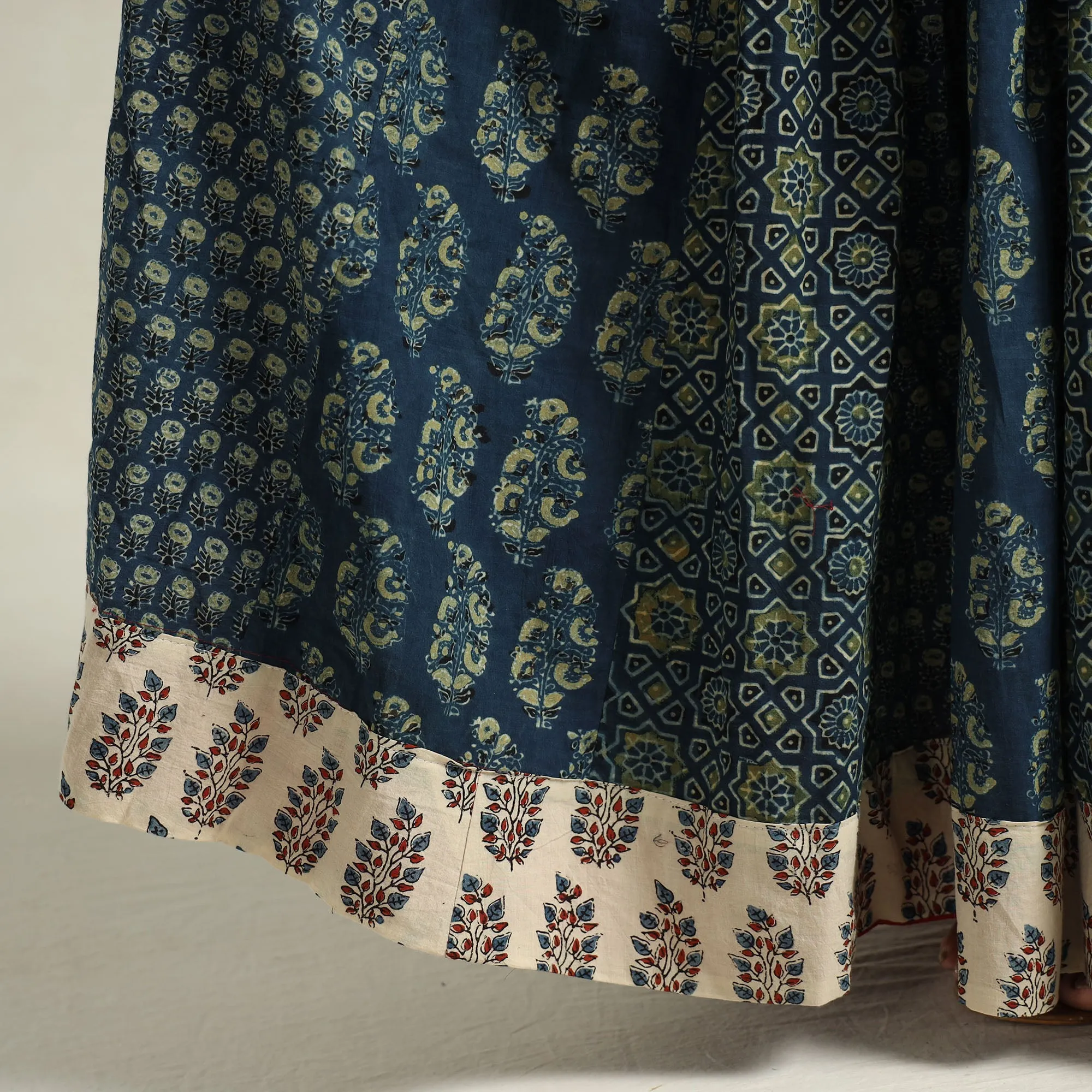 Blue - Ajrakh Block Printed 24 Kali Patchwork Cotton Long Skirt 01