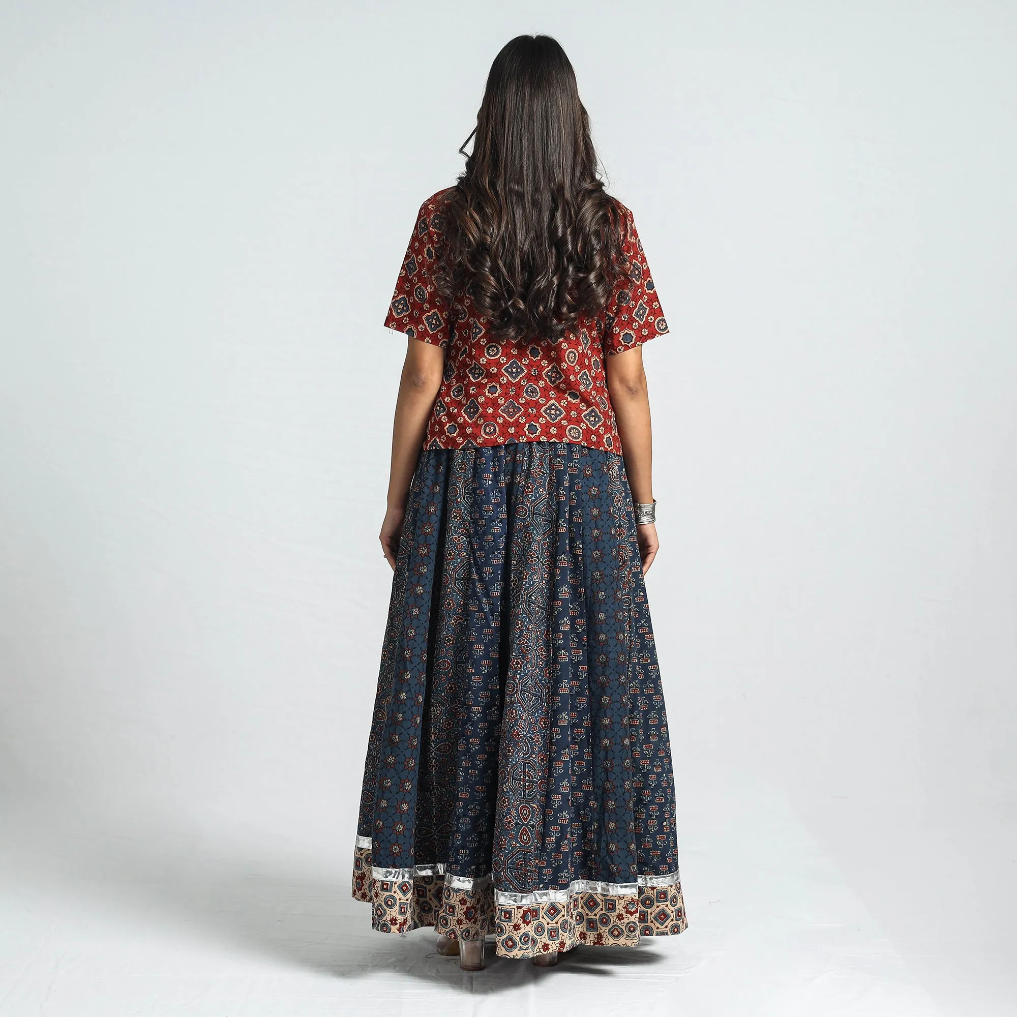 Blue - Ajrakh Block Printed 24 Kali Patchwork Cotton Long Skirt