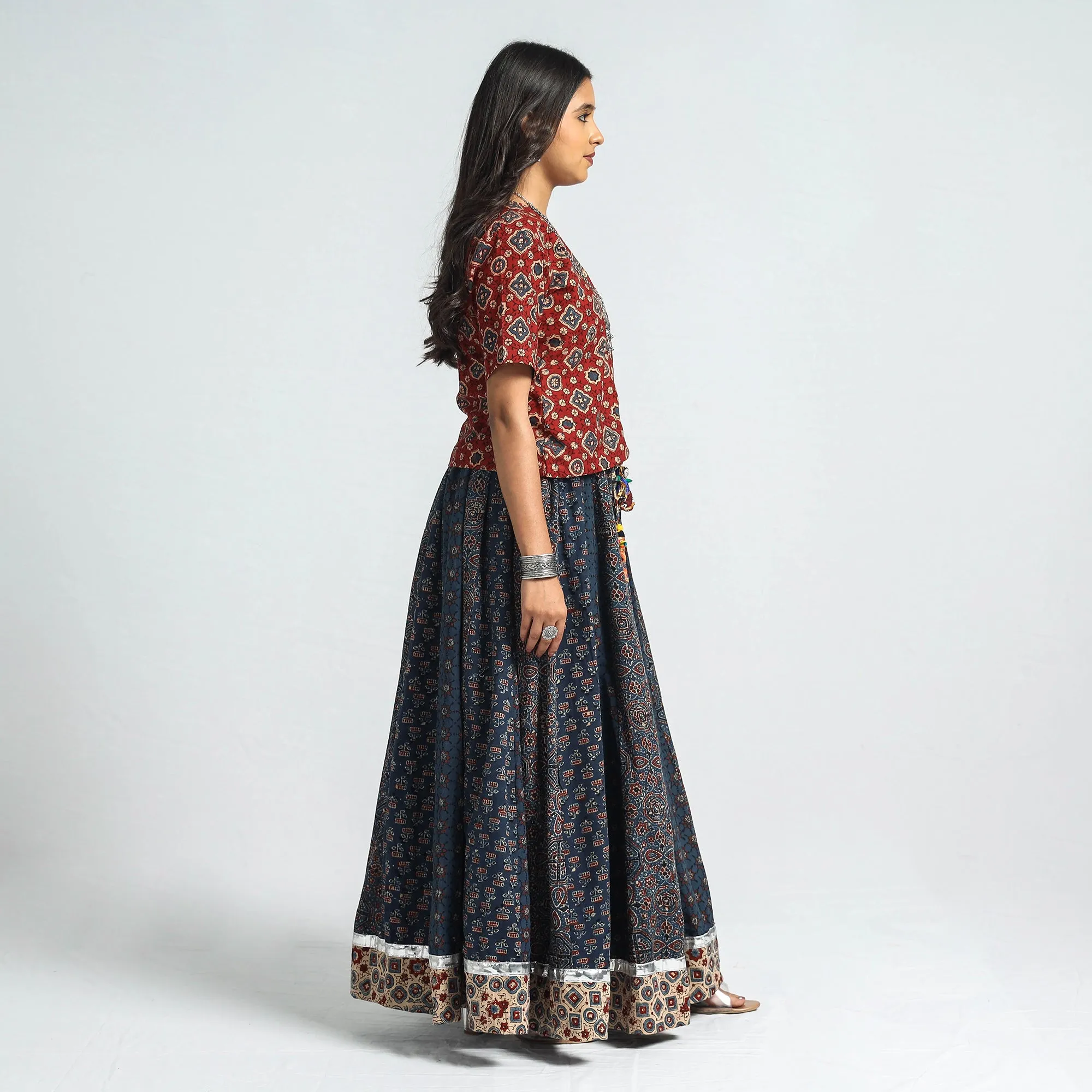 Blue - Ajrakh Block Printed 24 Kali Patchwork Cotton Long Skirt