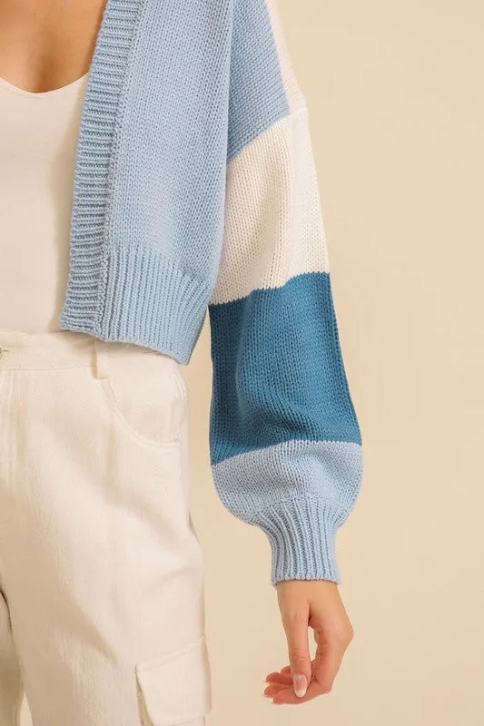 Blue Combo Color Block Open Front Cardigan