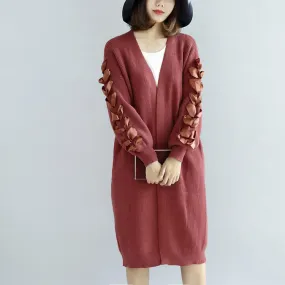 Brick red knit cardigans oversized sweater coats decorated sleeves