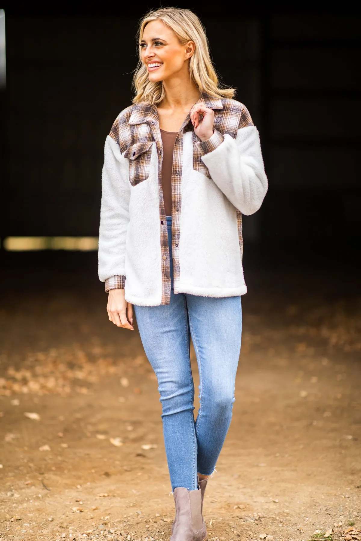 Brown and White Plaid Sherpa Shacket