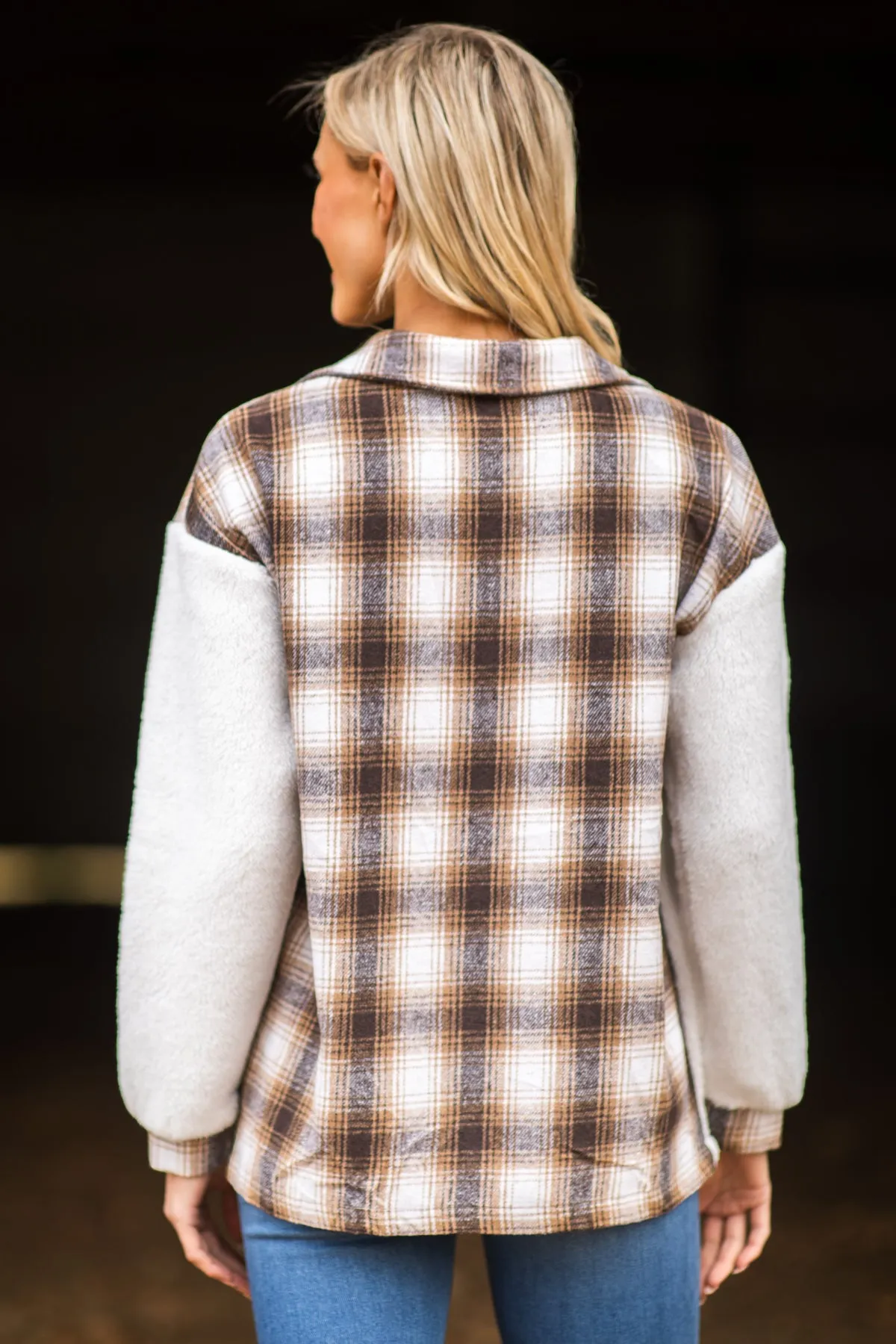 Brown and White Plaid Sherpa Shacket