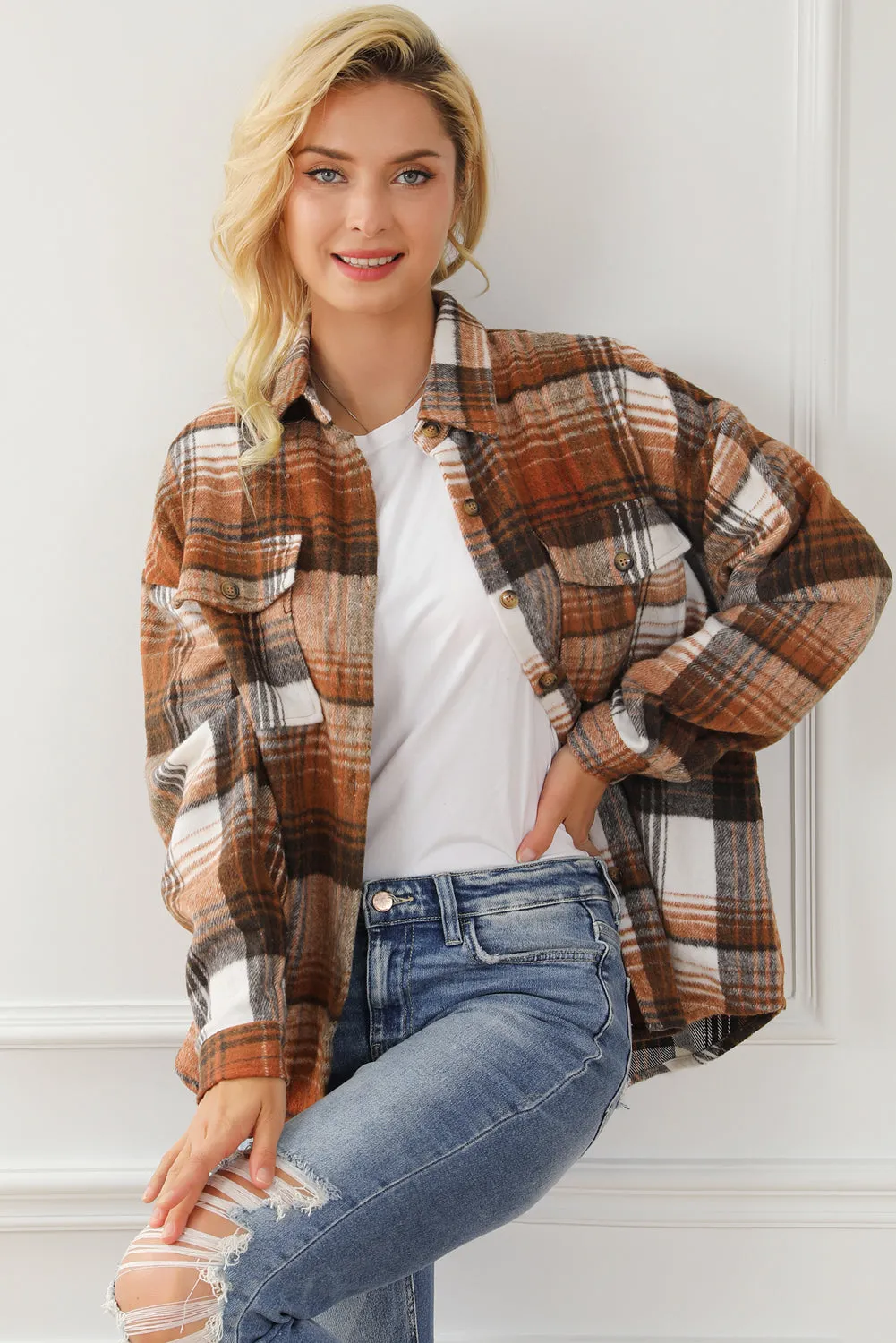 Brown Plaid Flap Pockets Shacket