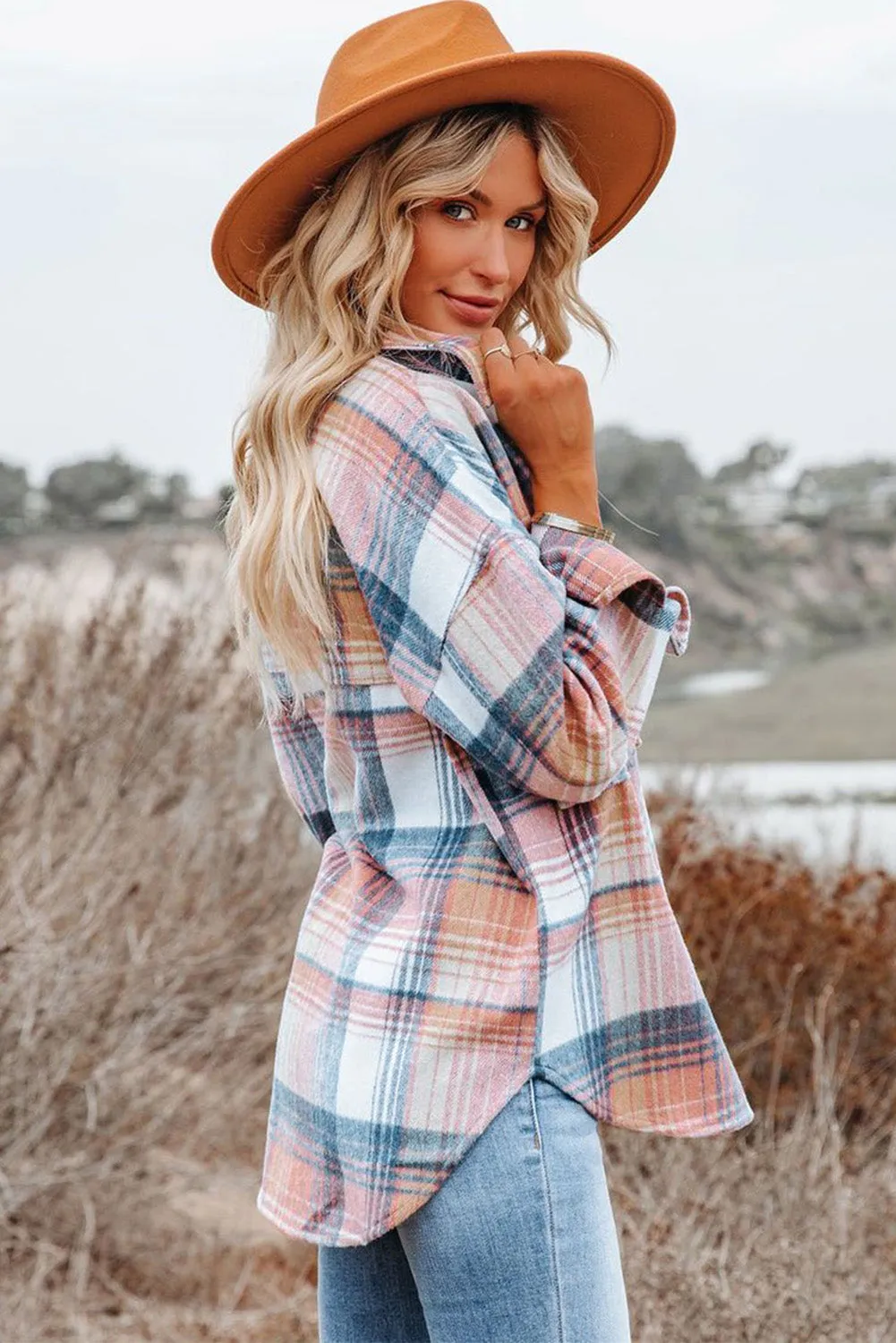 Brown Plaid Flap Pockets Shacket