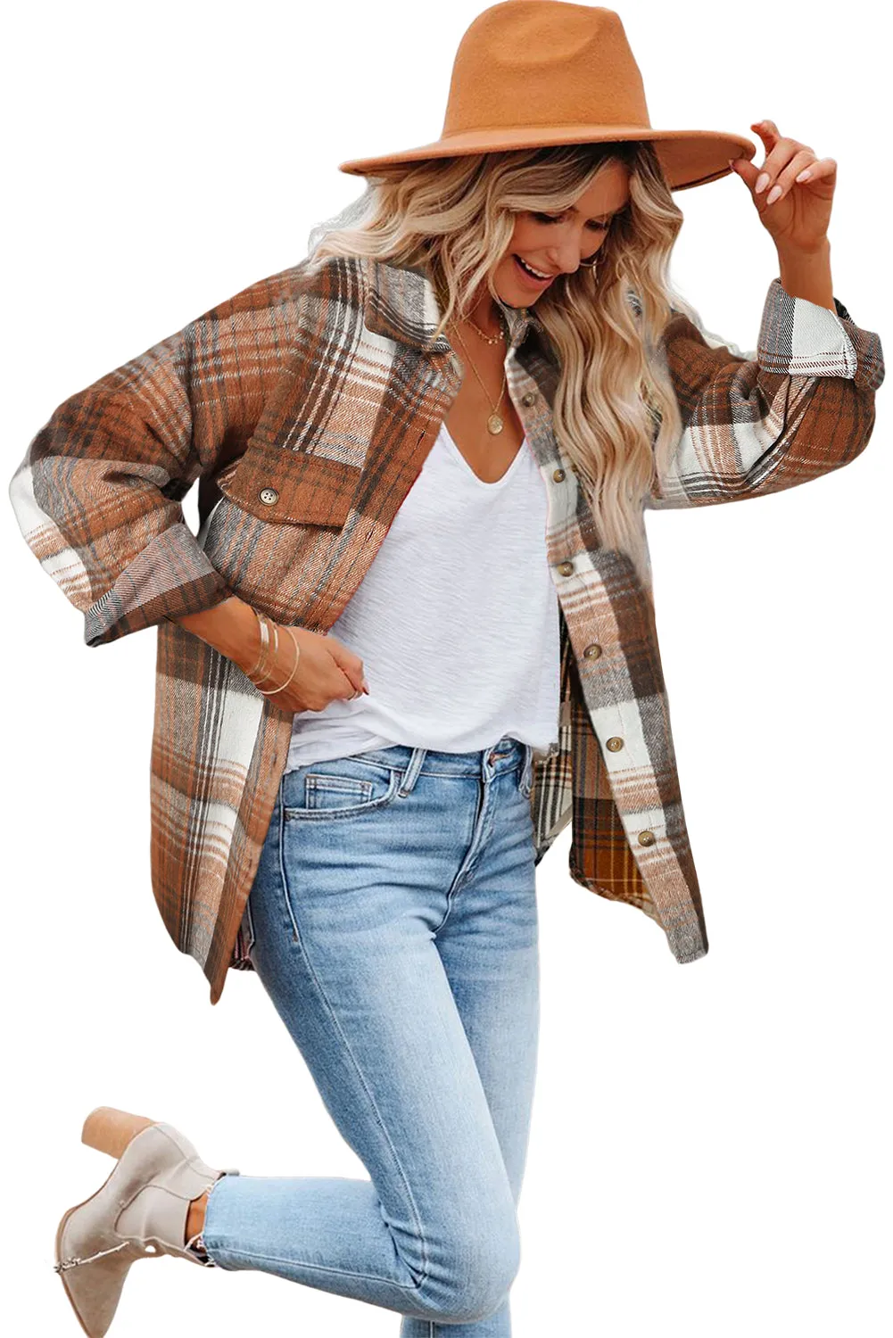 Brown Plaid Flap Pockets Shacket