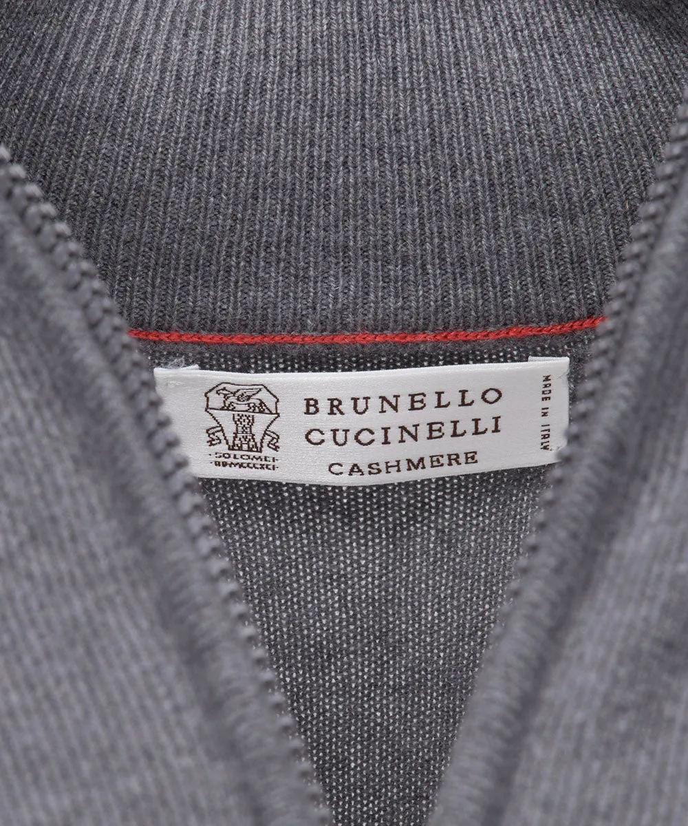 Brunello Cucinelli Lupetto Zip Cashmere Sweater in Gray