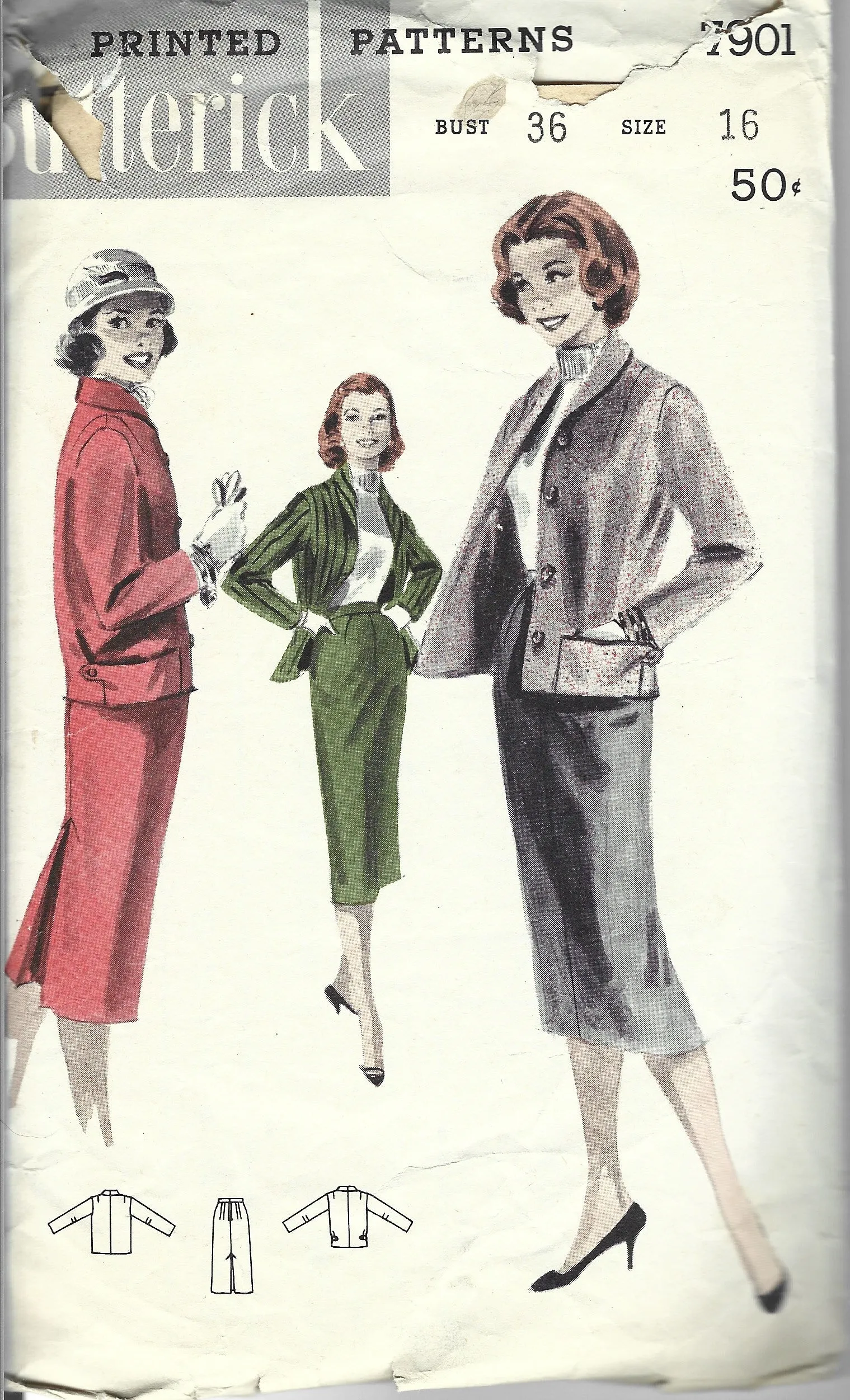 Butterick 7901 Ladies Slim Skirt Jacket Vintage Sewing Pattern 1950s